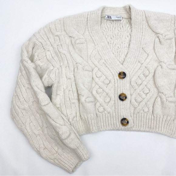 Zara Cable Knit Soft Chunky Cropped Button Front V Neck Cardigan Sweater Ivory - Picture 8 of 14